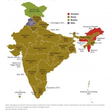 Mapa dominujących religii w poszczególnych dystryktach Indii, według spisu ludności, 2011