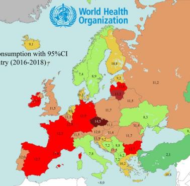 Spożycie alkoholu według Światowej Organizacji Zdrowia (WHO) w latach 2016-2018