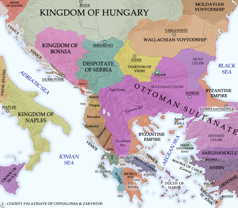 Mapa Bałkanów w 1410 r. podczas osmańskiej wojny domowej (1402-1412)