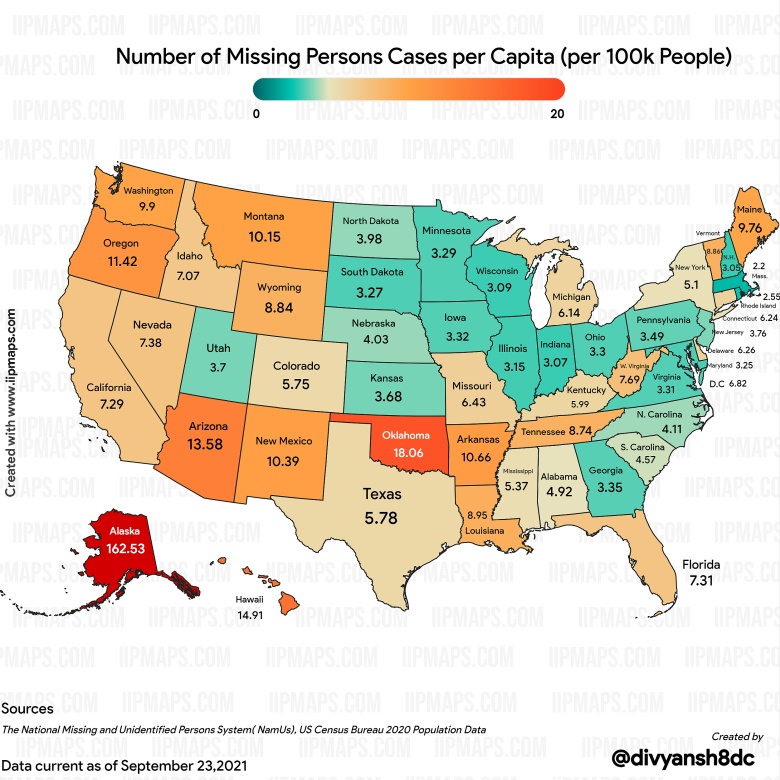 Liczba zaginięć na osobę na 100 tys. mieszkańców w poszczególnych stanach USA, 2020