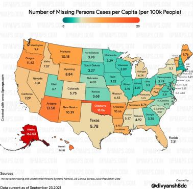 Liczba zaginięć na osobę na 100 tys. mieszkańców w poszczególnych stanach USA, 2020