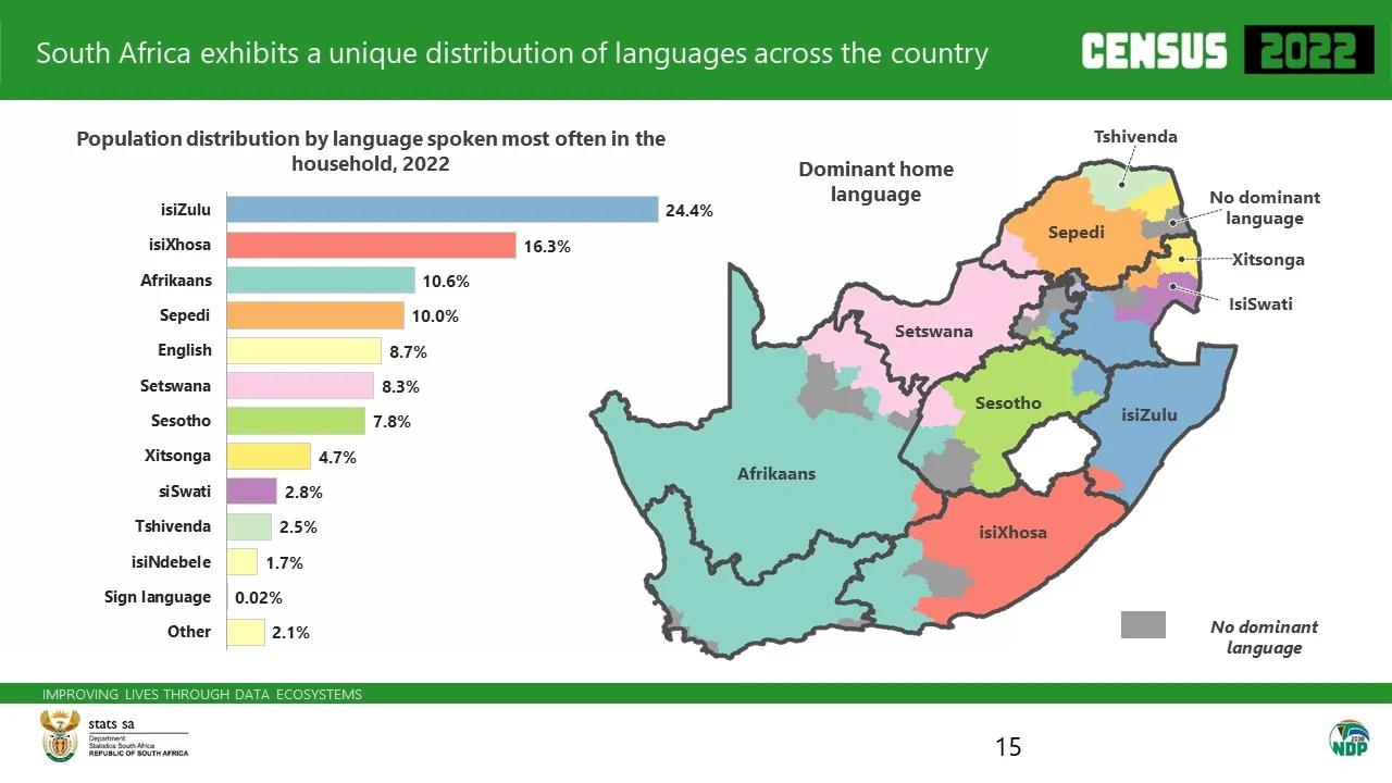Mapa językowa RPA (Republika Południowej Afryki), na podstawie spisu ludności (cenzus) z 2022 roku