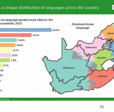 Mapa językowa RPA (Republika Południowej Afryki), na podstawie spisu ludności (cenzus) z 2022 roku