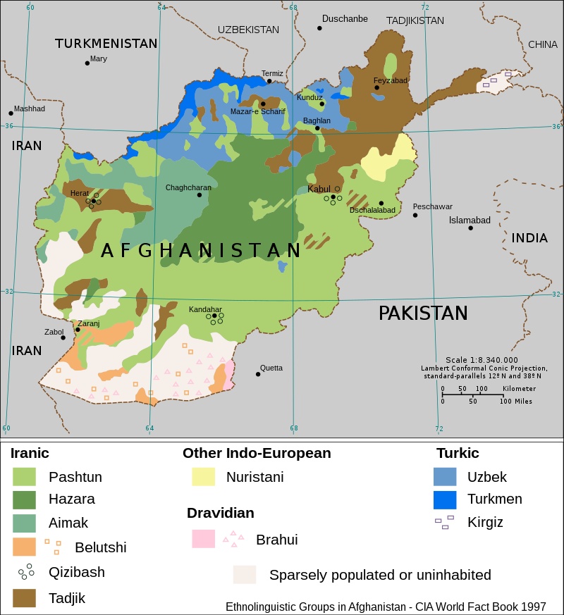 Mapa etniczna Afganistanu, 1997, CIA