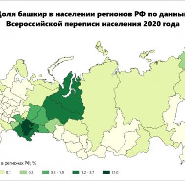 Udział Baszkirów w populacji regionów Federacji Rosyjskiej według rosyjskiego spisu powszechnego z 2021 r.