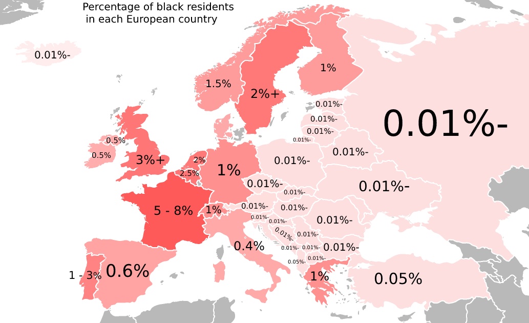 Kraje europejskie według odsetka czarnoskórych mieszkańców, 2021