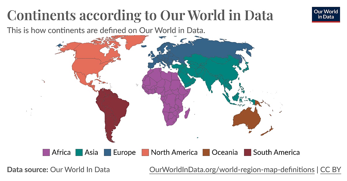 Kontynenty wg. Our world in data