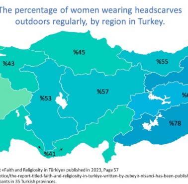 Odsetek kobiet regularnie noszących chusty na zewnątrz, według regionu Turcji, 2023