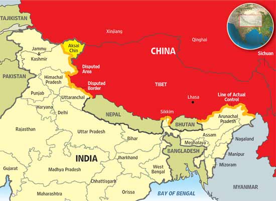 Spory obszar chińsko-indyjski, o które prowadzona była wojna w 1962 roku o Aksai i NEFA. Chińczycy przejęli kontrolę nad Aksai