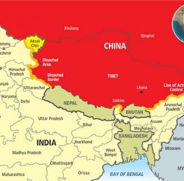 Spory obszar chińsko-indyjski, o które prowadzona była wojna w 1962 roku o Aksai i NEFA. Chińczycy przejęli kontrolę nad Aksai
