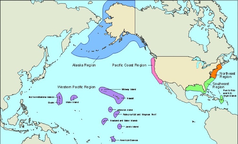Mapa NOAA przedstawiająca podziały wód terytorialnych USA