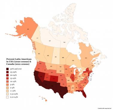Odsetek Latynosów w USA z podziałem na stany, 2020, 2021