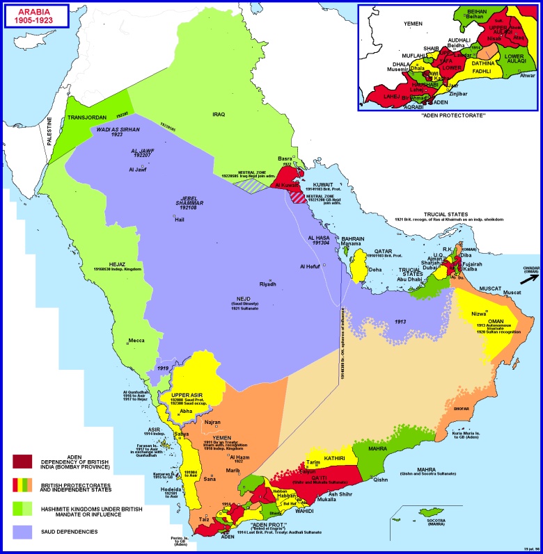 Mapa polityczna Półwyspu Arabskiego w latach 1905-1923