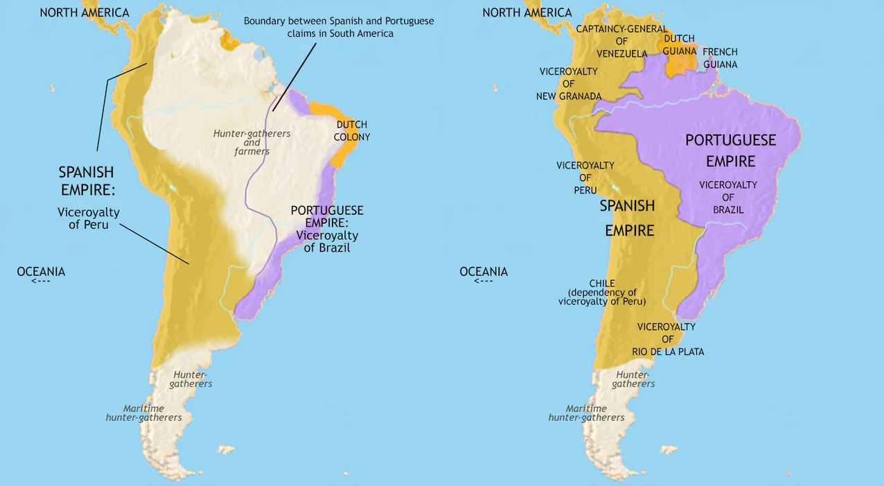 Mapa Ameryki Południowej w latach 1648 i 1789