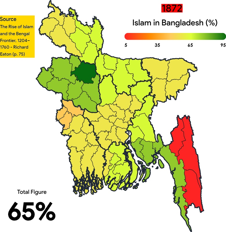 Islam w Bangladeszu ok. 1872 z podziałem na największe jednostki administracyjne