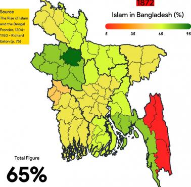 Islam w Bangladeszu ok. 1872 z podziałem na największe jednostki administracyjne