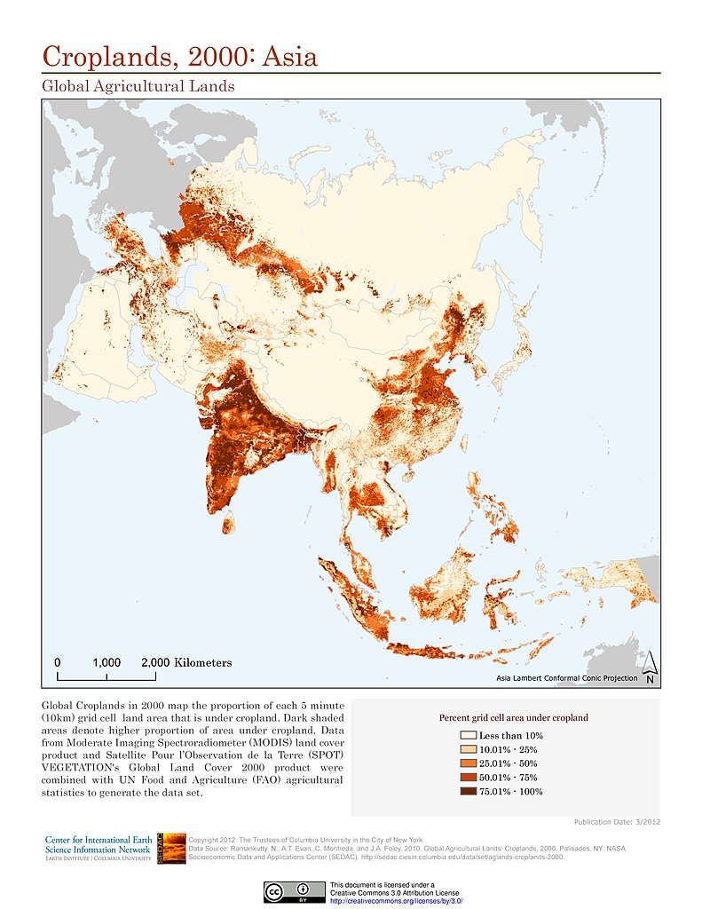 Mapa ziemi uprawnej w Azji, 2000