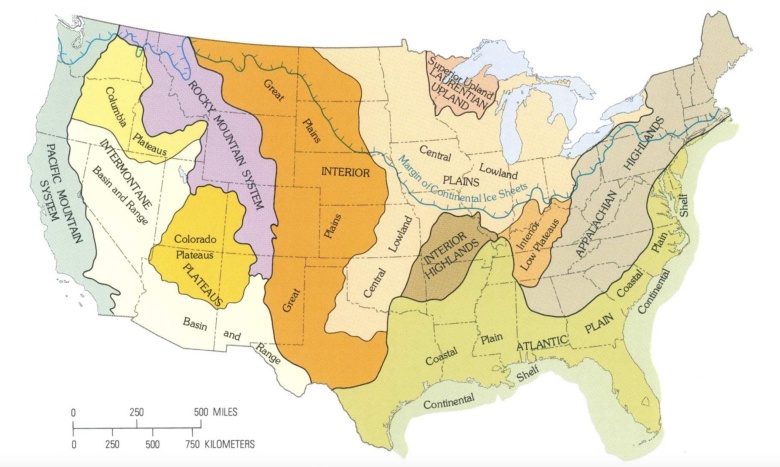 Mapa regionów terenowych USA opracowana przez U.S. Geological Survey, 1980