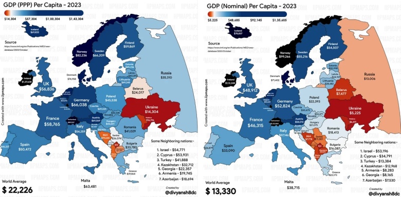 Europa według PKB na mieszkańca - 2023 r. (nominalnie i według PPP)