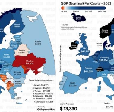 Europa według PKB na mieszkańca - 2023 r. (nominalnie i według PPP)