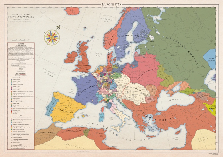 Mapa Europy z 1733 roku, przed wojną o sukcesję polską