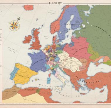 Mapa Europy z 1733 roku, przed wojną o sukcesję polską