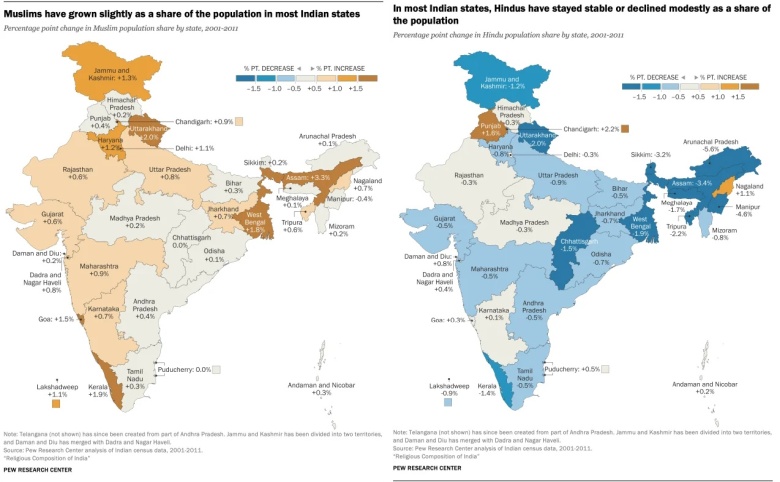Mapa religijna Indii z uwzględnieniem zmian wyznawców, 2001-2011