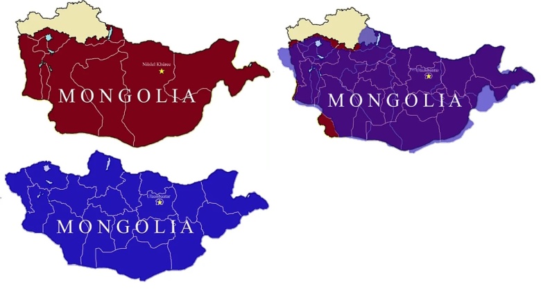 Porównanie historycznych granic współczesnej Mongolii (1911-1962, 1962-obecnie)