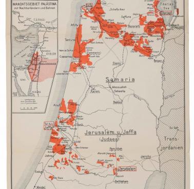 Mapa Palestyny z 1926 roku. Pomarańczowe punkty to osiedla żydowskie.