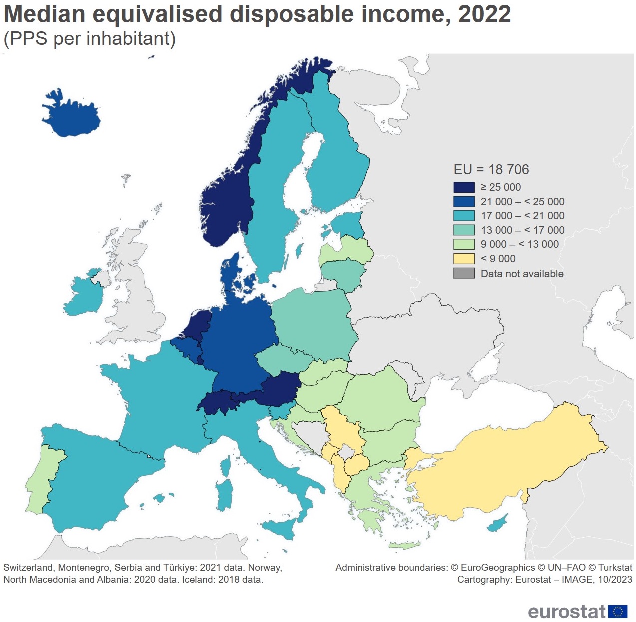 Rozporządzalny dochód brutto gospodarstw domowych na mieszkańca (PPS) w Europie, 2022