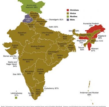 Dominująca religia w największych jednostkach administracyjnych Indii, 2011