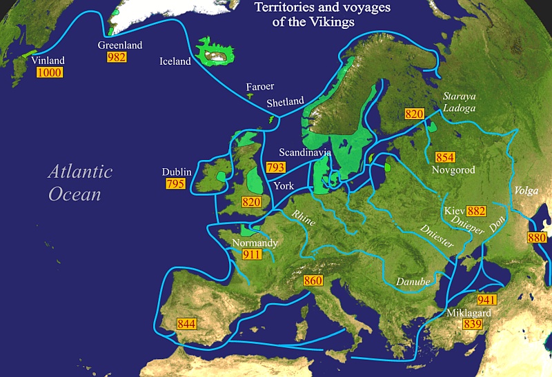 Mapa najazdów Wikingów w Europie od 793 do 1000 z naniesionymi również rzekami