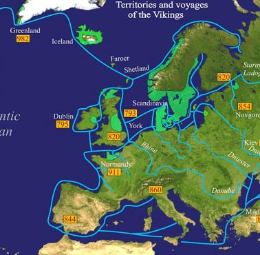 Mapa najazdów Wikingów w Europie od 793 do 1000 z naniesionymi również rzekami