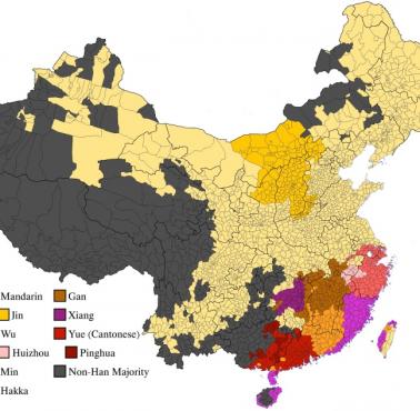 Mapa językowa Chin (posługuje się w domach ponad 50 proc. populacji)
