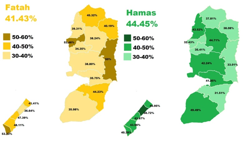 Mapa wyborów parlamentarnych w Palestynie w 2006, poparcie dla Fatahu i Hamasu