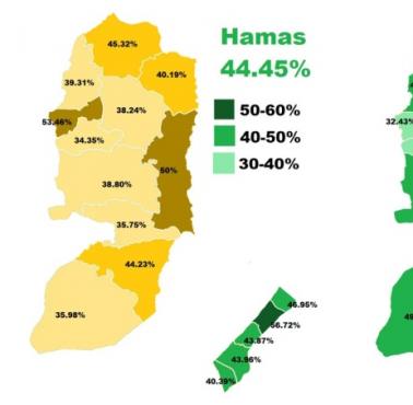 Mapa wyborów parlamentarnych w Palestynie w 2006, poparcie dla Fatahu i Hamasu