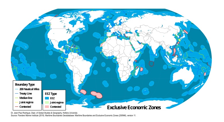 Mapa wód terytorialnych - wyłączna strefa ekonomiczna (EEZ - Exclusive Economic Zones) poszczególnych państw świata