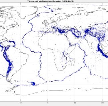 Trzęsienia ziemi od roku 1950 z bazy danych USGS