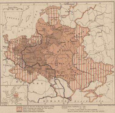 Mapa historyczna ziem polskich z zaznaczonym procentem polskiej ludności, Londyn ok. 1914