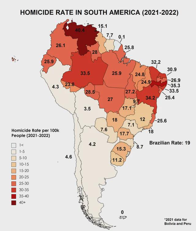 Wskaźnik zabójstw (na 100 tys. mieszkańców) w Ameryce Południowej (Łacińskiej), 2021-2022