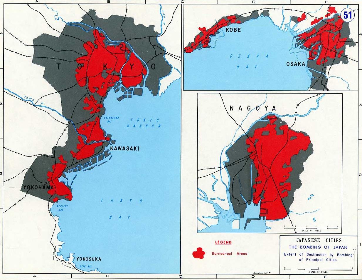 Zasięg zniszczeń japońskich miast spowodowanych amerykańskimi nalotami dywanowymi z użyciem bomb zapalających (II wojna)