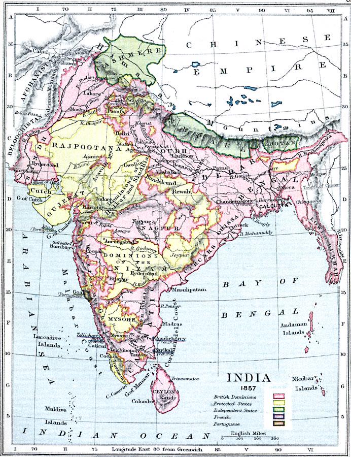 Mapa polityczna Indii w 1857 r. w roku antybrytyjskiego powstania sipajów
