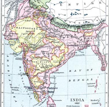 Mapa polityczna Indii w 1857 r. w roku antybrytyjskiego powstania sipajów