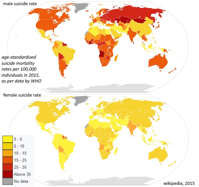 Wskaźniki samobójstw dla kobiet i mężczyzn w poszczególnych państwach świata (na 100 tys. mieszkańców), 2015