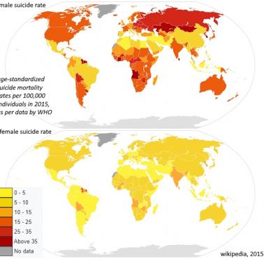 Wskaźniki samobójstw dla kobiet i mężczyzn w poszczególnych państwach świata (na 100 tys. mieszkańców), 2015