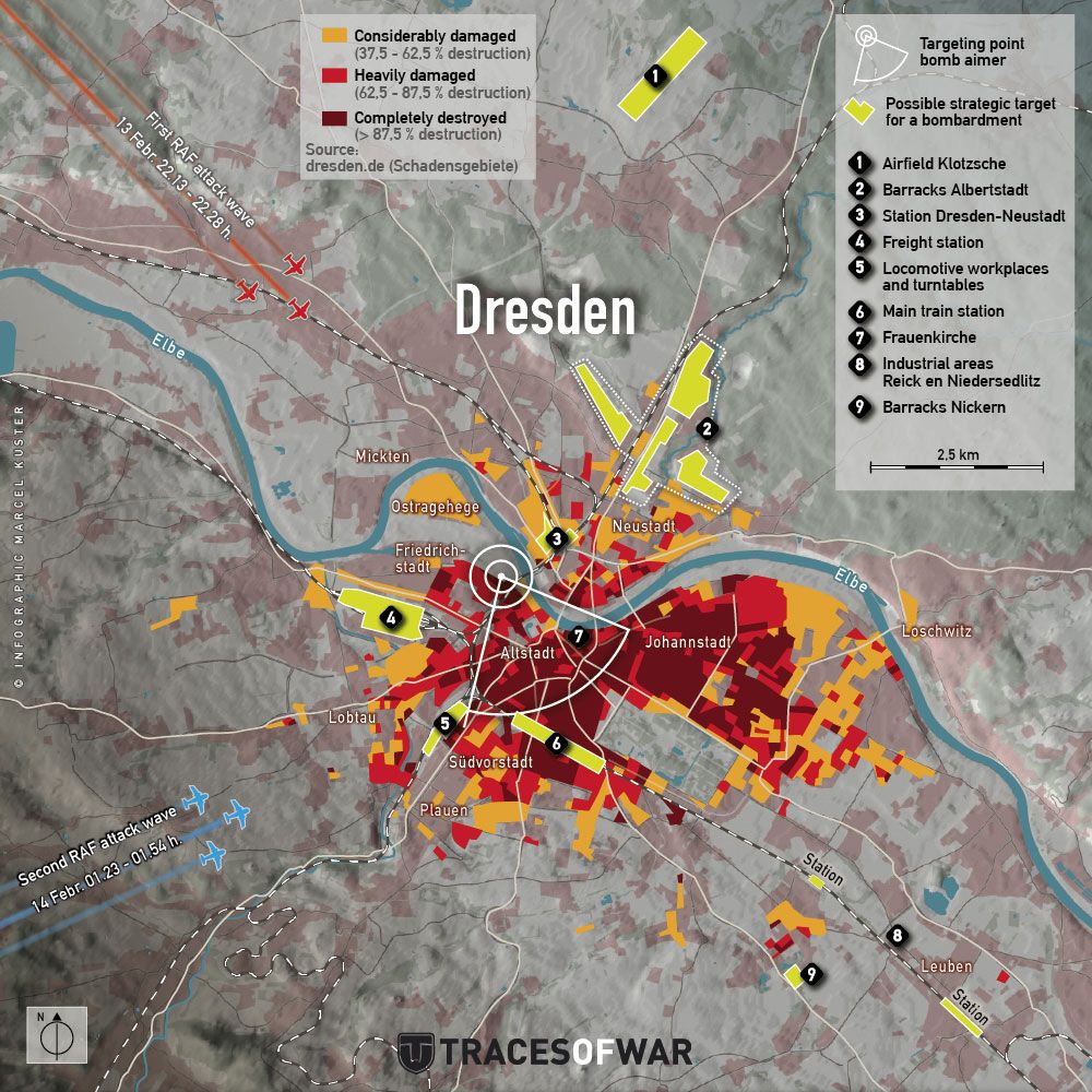 Mapa bombardowania Drezna w czasie II wojny światowej