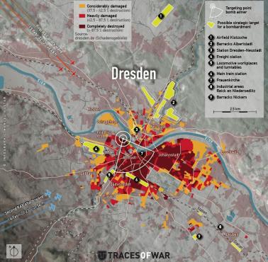 Mapa bombardowania Drezna w czasie II wojny światowej