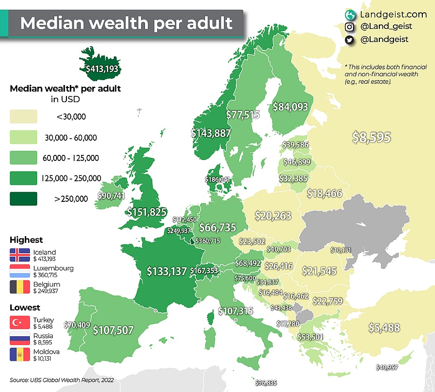 Kraje europejskie według mediany zamożności na osobę dorosłą w 2022 roku