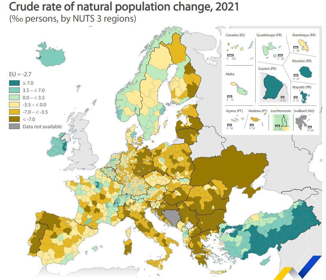 Naturalna zmiana populacji w Europie, 2021