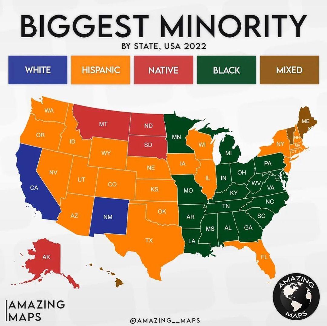 Największa mniejszość według stanu, USA 2022